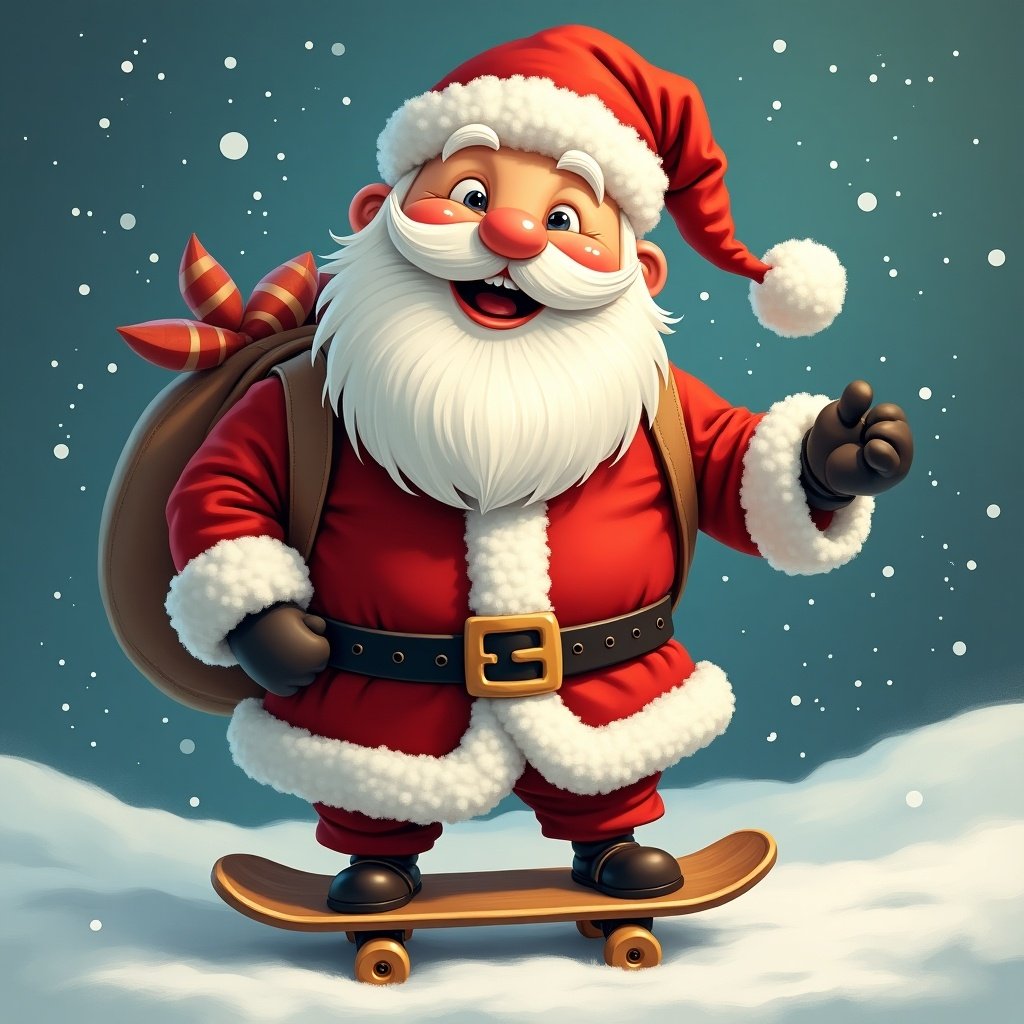 Joyful Santa Claus is on a wooden skateboard. Santa has a big smile and a bushy white beard, wearing a red suit with white fur trim. He has a brown bag on his back. Snow is falling around him.