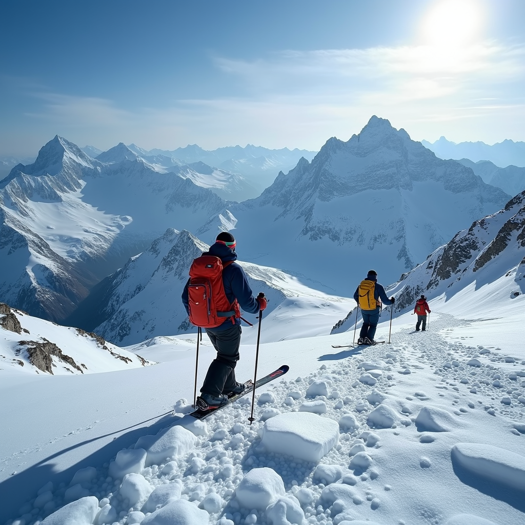 Three skiers traverse down a snowy mountain trail with a breathtaking view of the surrounding peaks.