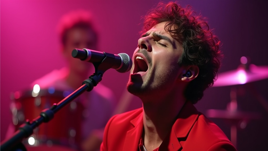 Close-up of a passionate male performer mid-song. Performer's lips slightly parted and eyes closed. Immersed in music. Dynamically leaning toward microphone. Vibrant red stage clothing. Dramatic lighting creates depth. Silhouettes of musical instruments in the background. Sharp rim lights outline features. Soft pink hues enhance emotional intensity. Shallow depth of field focuses on expressive face. Dreamily soft background.