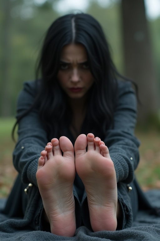 Image features a mature goth woman with long black hair showing her wounded soles of bare feet. She's sitting on a blanket outside. She's worried.