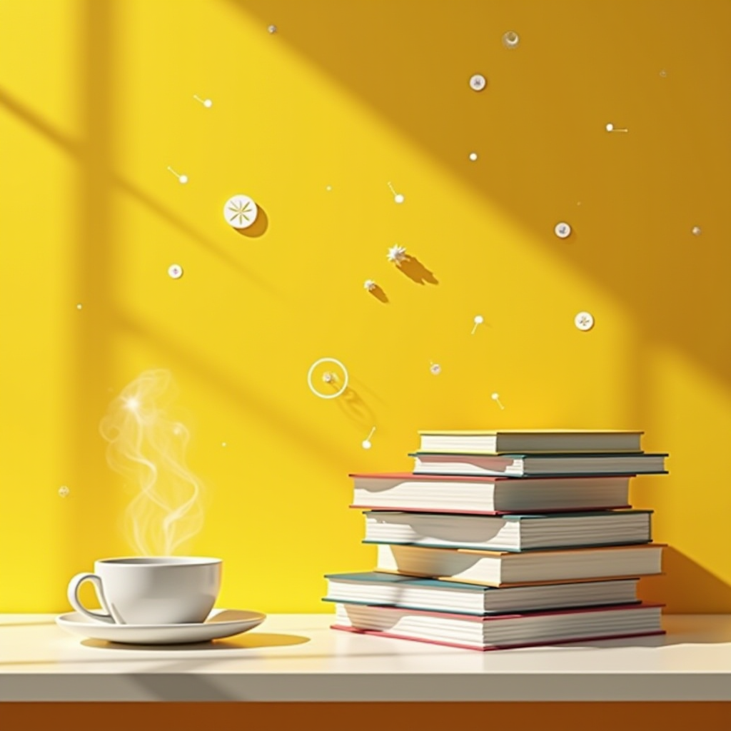 A stack of books and a steaming cup of coffee on a table against a sunny yellow wall with floating elements.