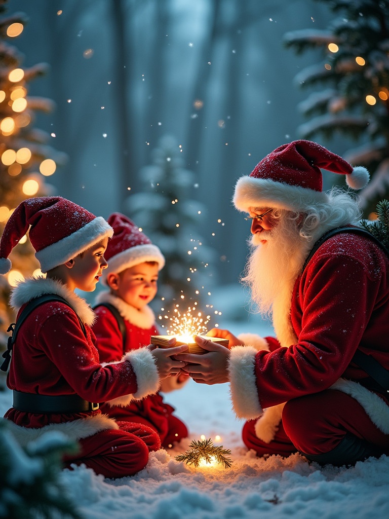 Children in red Christmas outfits with Santa Claus in a snowy forest scene. Sparkling light surrounding them. Joyful festive atmosphere. Presence of Christmas trees and warmth in the air.