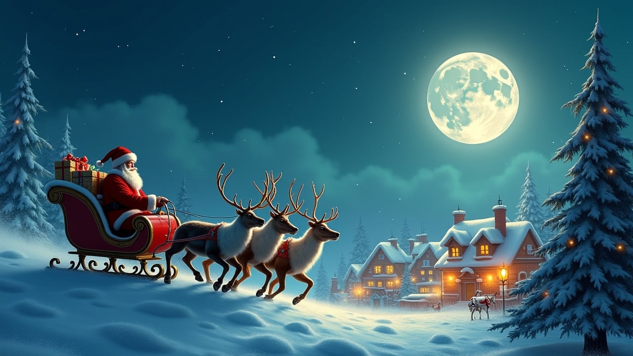 Realistic image of Santa driving a sleigh pulled by three reindeer. Snowy landscape at night with a small decorated town in the background. Warm lights in windows and smoke rising from chimneys. Christmas trees adorned with decorations. Bright moon with a halo in the top right corner and stars in the sky.