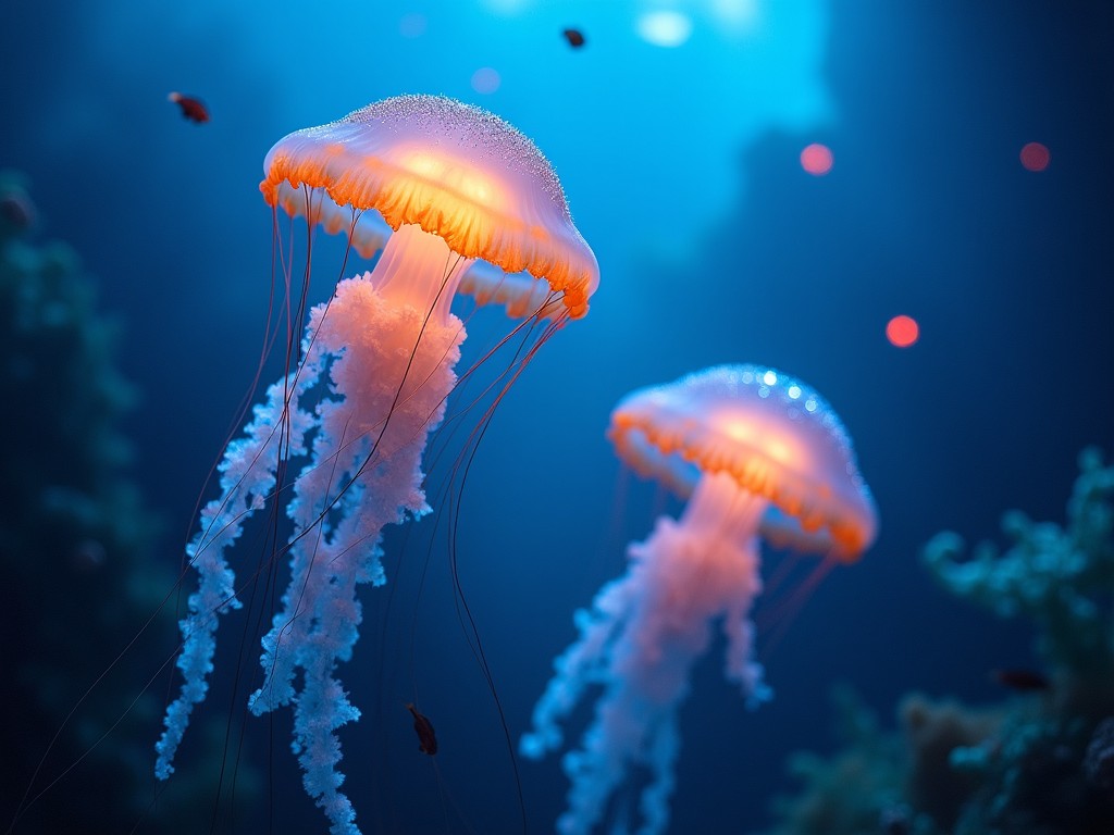 This image captures a serene underwater scene showcasing glowing jellyfish drifting gracefully through the ocean. The jellyfish emit a soft orange light that contrasts beautifully with the deep blue surroundings. Small fish can be seen swimming around, adding to the vibrant colors of the ocean. The soft lighting creates a dream-like atmosphere, inviting viewers into a tranquil marine environment. This captivating scene highlights the beauty and grace of marine life, making it an ideal representation of underwater splendor.