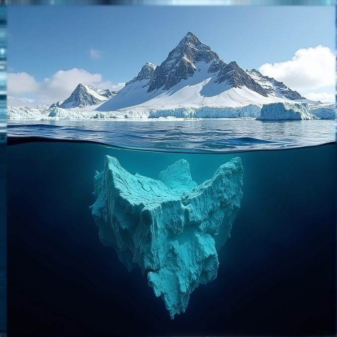 A large iceberg floats majestically in the icy waters with a snow-covered mountain in the background.