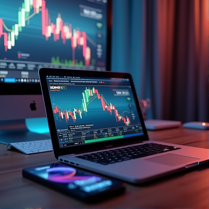 A laptop displaying a stock chart beside a smartphone and a computer monitor.