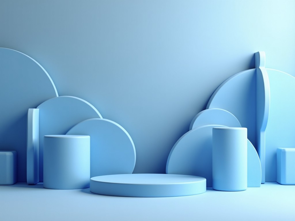 This image features a minimalist setup with various geometric shapes in soft blue tones. There are circular and cylindrical forms arranged around a central circular platform. The background is a smooth, matching blue, providing a cohesive look. The shapes create a sense of depth and dimension, ideal for visual presentations. This setup is perfect for showcasing products or creating a tranquil artistic space.