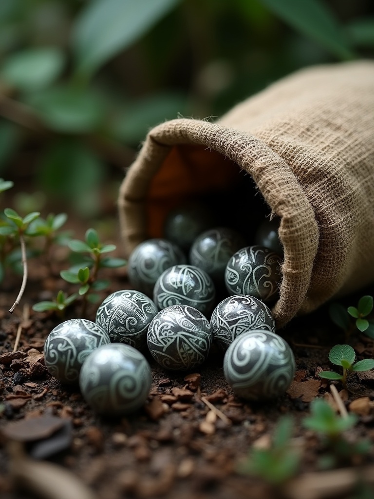 Hyper-realistic round marbles made of sterling silver with Polynesian tribal tattoo patterns spill from a worn sack. The scene resembles a forest floor in the Amazon jungle. The marbles reflect subtle rim lighting.