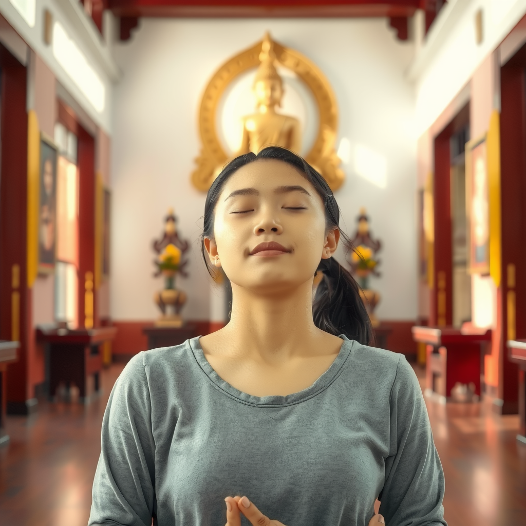 A young woman meditates calmly in a temple with a golden Buddha statue in the background.