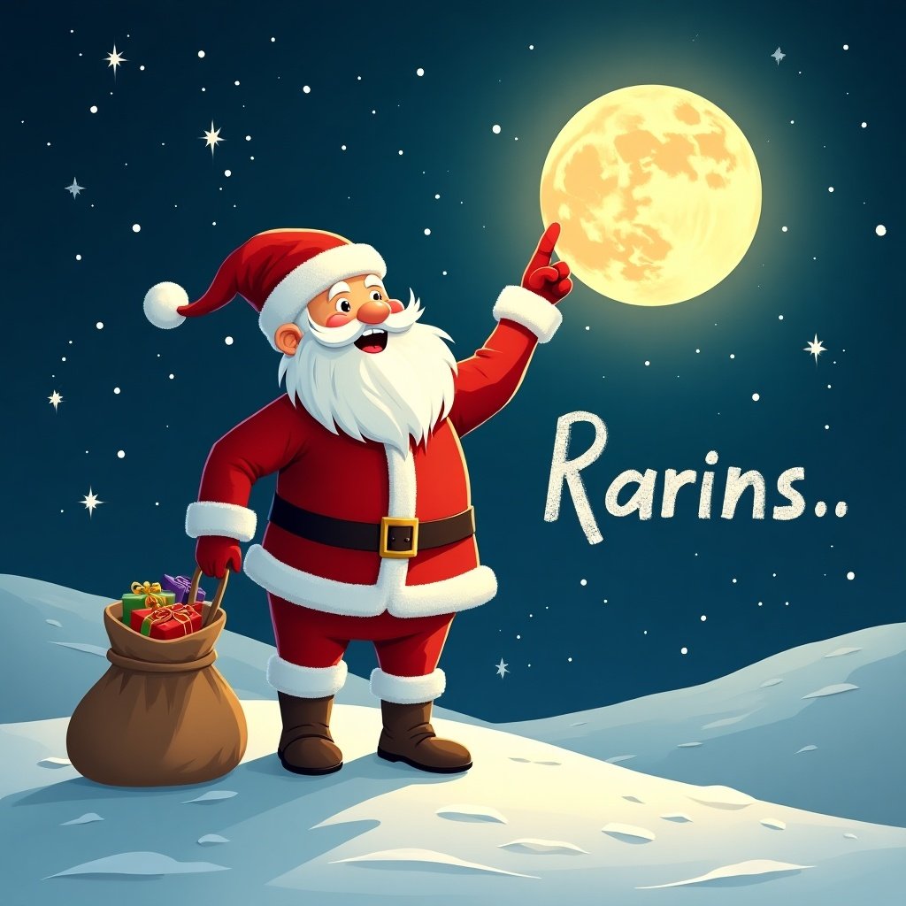 This lively illustration features a cheerful Santa Claus standing atop a snowy hill. He is dressed in his iconic red suit with white fur trim, joyfully pointing at a glowing full moon in the night sky. The scene is enhanced by twinkling stars, creating a festive ambiance. Beside him is a sack overflowing with colorful gifts, indicative of holiday cheer. Below, the snow reflects the moonlight, adding to the enchanting winter setting. The word 'Ranins..' is whimsically scribbled in the sky, suggesting Santa is playfully writing 'HARRIS'.