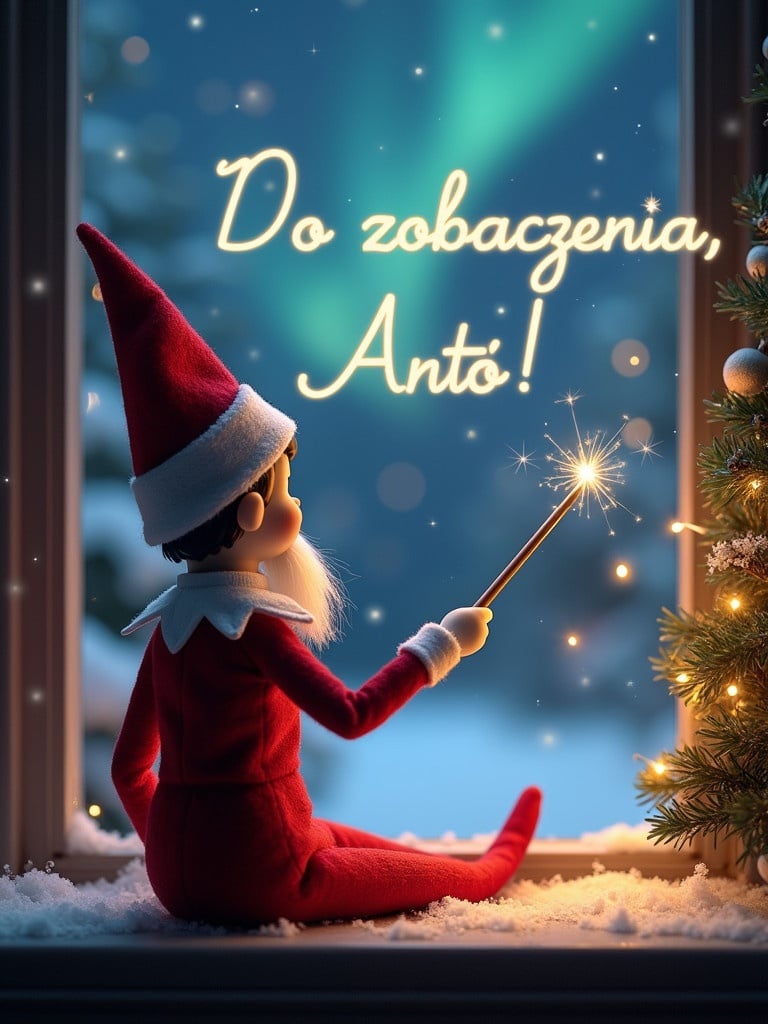 Elf on the shelf facing the sky. Using a wand to write in the air. Background features northern lights and Christmas imagery. Text says 'Do zobaczenia, Antó!'.