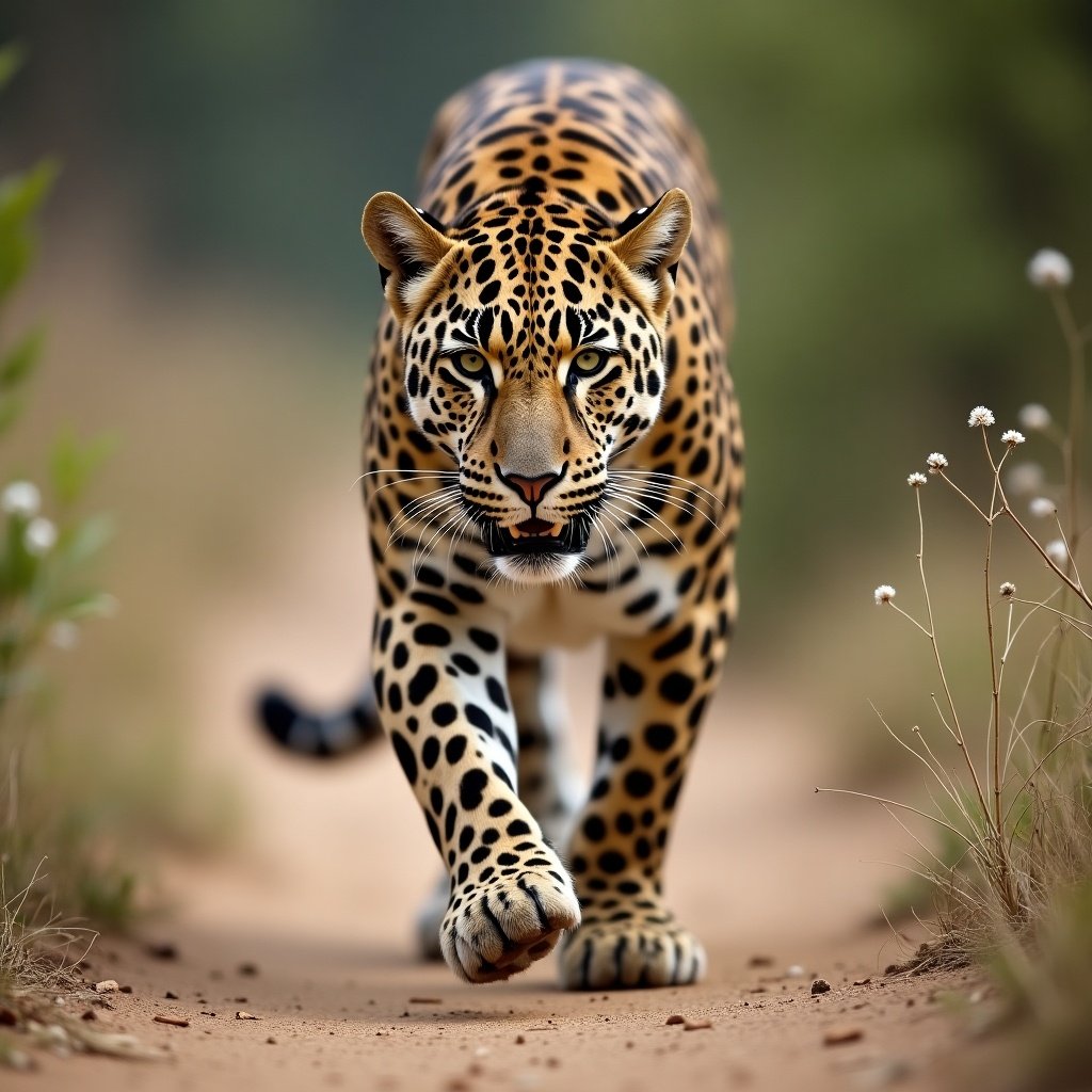 Leopard walking forward on a dirt path in a natural setting. The leopard has a sleek, spotted coat and is focused ahead. The background is softly blurred, suggesting a lush habitat.