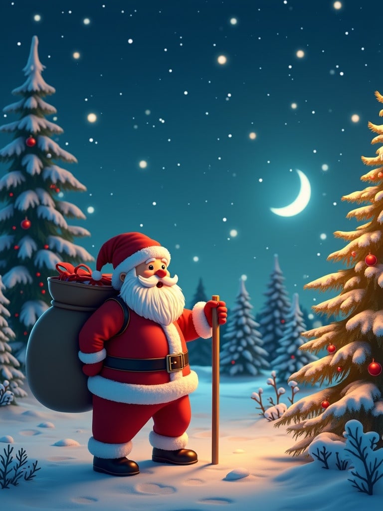 Christmas theme featuring Santa Claus under a starry sky. Winter scene with snow and evergreens. Santa holds a bag and a staff in a peaceful setting. Moonlight creates a magical atmosphere. Ideal for conveying holiday cheer and warmth.