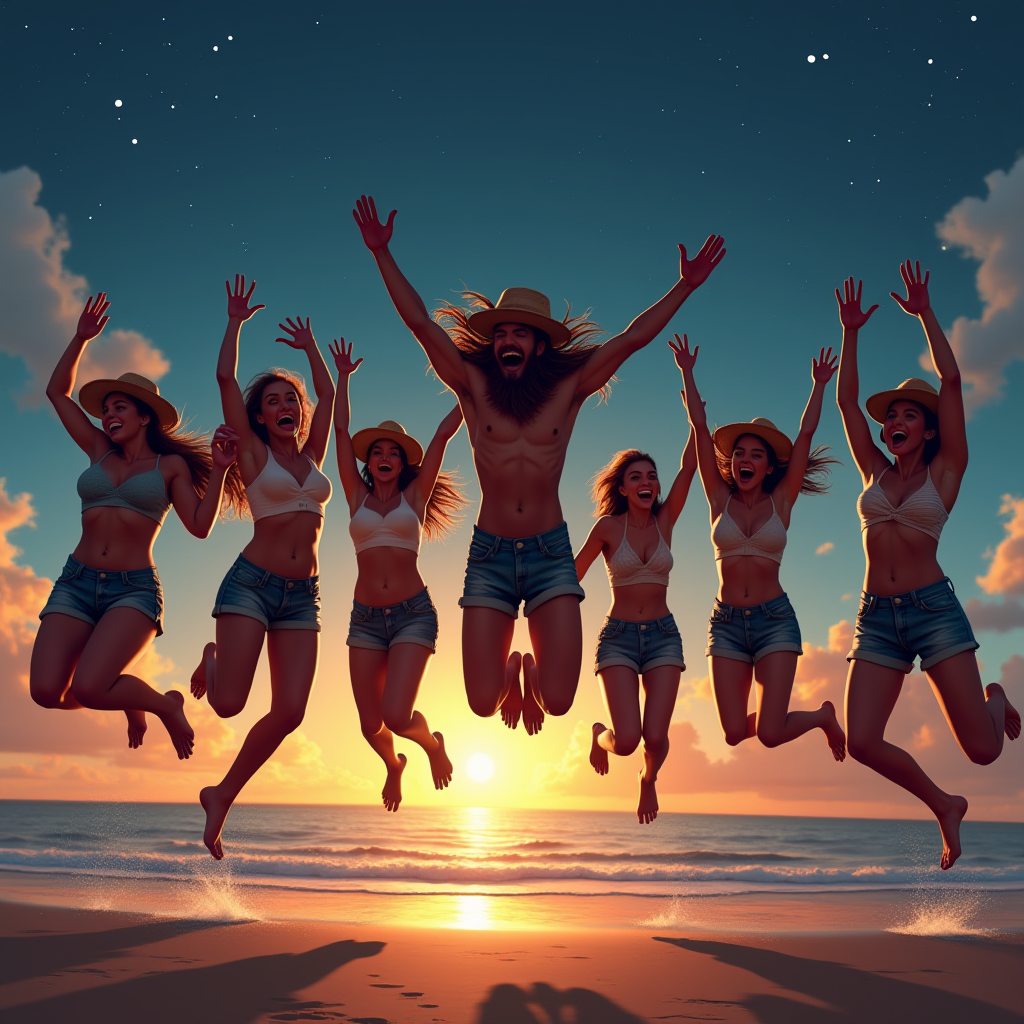 A group of people joyfully jumping on a beach during a vibrant sunset, with the sun coloring the sky in warm hues.