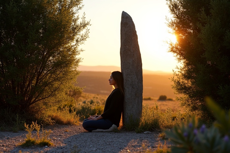 Menhir made of dark granite radiates calmness and strength. Tall shrubs frame the menhir. Stone ground is sparsely overgrown with wild herbs. Southern French landscape in evening light. Young woman meditates against the menhir.