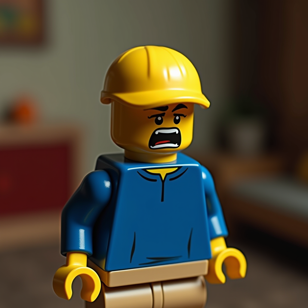 A LEGO minifigure wearing a blue shirt and yellow hard hat with an expression of concern or distress.