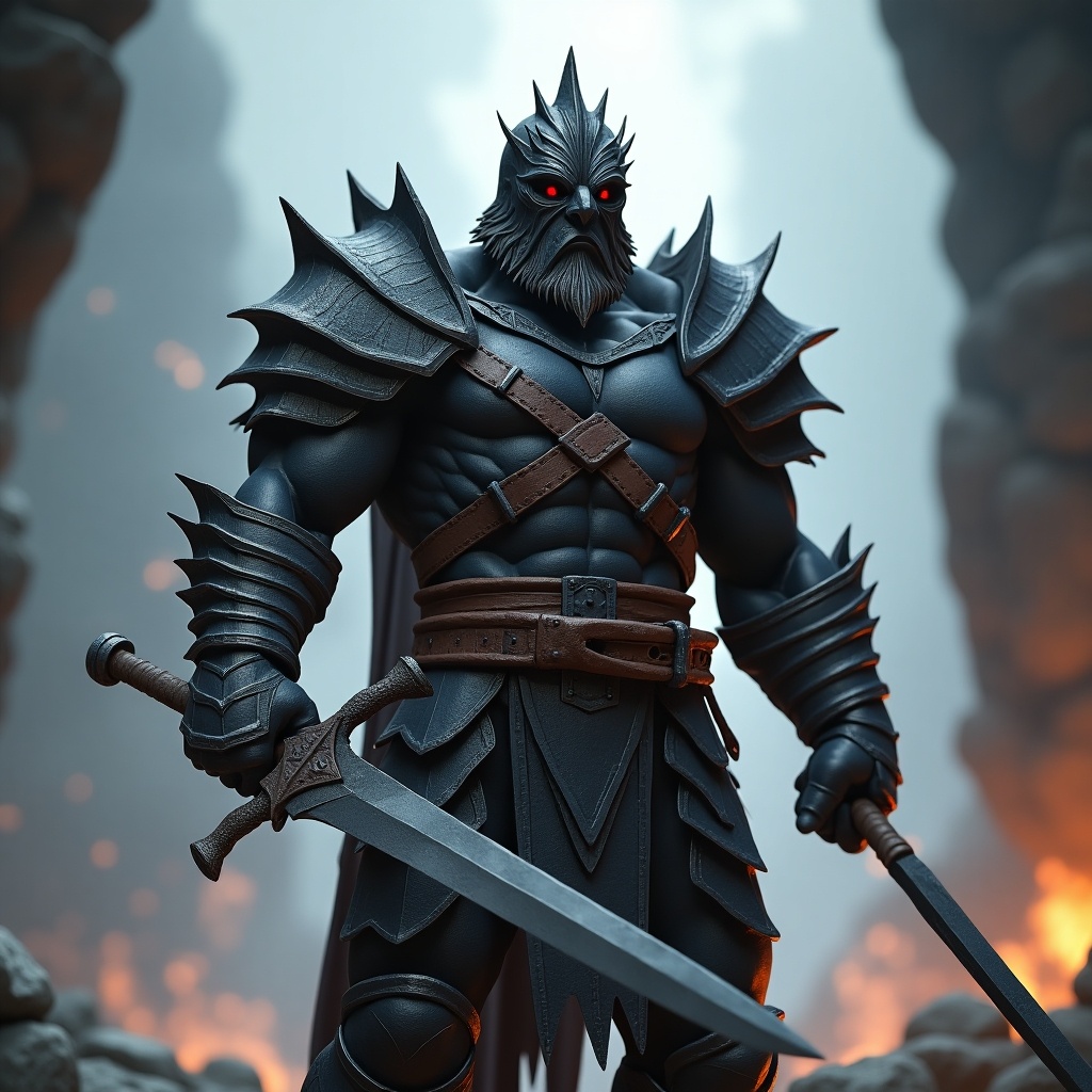 Image features a low-poly 3D character design of a medieval warrior in dark dragon-scale armor. The warrior has a strong physique with armor on chest, shoulders, and legs. He poses for battle, set in a roguelike world of floating islands. The warrior is ready for combat against various enemies with slashing moves.