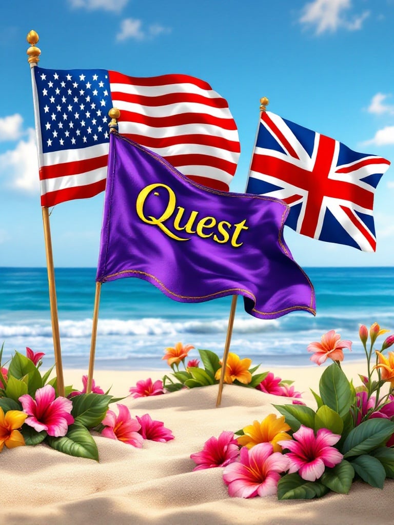 Three flags planted in Hawaiian sand. First flag is the United States flag with stars and stripes. Second flag is purple with Quest embroidered in gold. Third flag is the United Kingdom flag with its Union Jack. Scene has gentle waves and a clear blue sky. Surrounded by vibrant Hawaiian flowers.