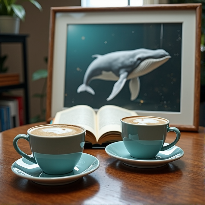 Two turquoise cups of latte sit on a wooden table, with an open book and a framed whale painting in the background.