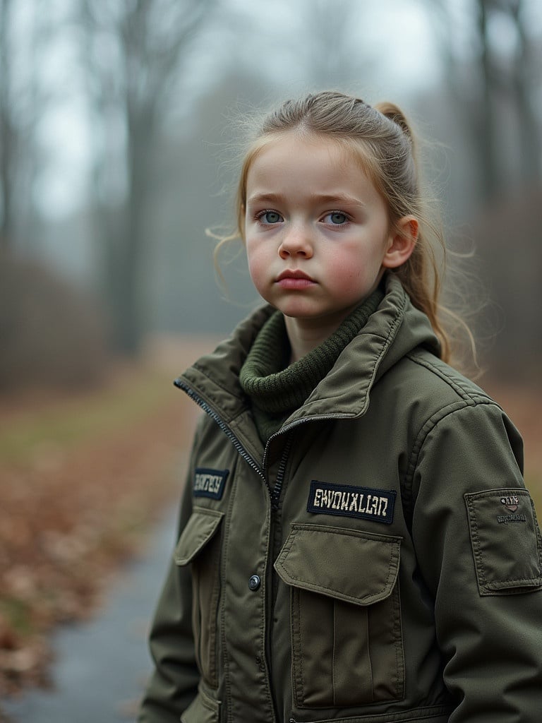 Person stands in a foggy forest wearing a military-style jacket. The background is a blurry path surrounded by trees. An autumn atmosphere with fallen leaves.