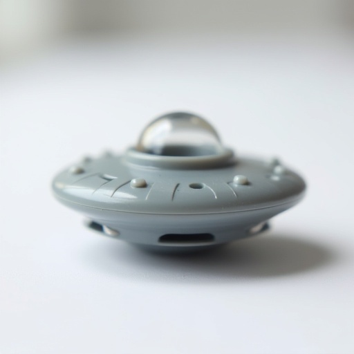 Close-up of a small model of a UFO. The model is grey and made of plastic. It has a round transparent dome on top. Small circular bumps appear on the bottom. The model rests on a white surface.