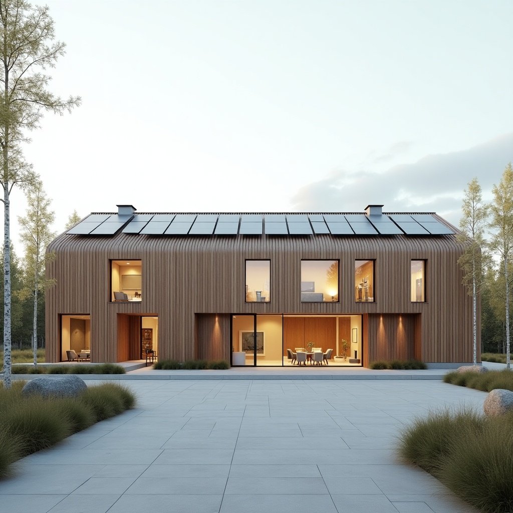 Photorealistic 8K render of a modern Scandinavian-style commercial building. Features sustainable design and minimalist wooden vertical panel facade. Solar panels aligned on roof. Captured in soft natural light under overcast sky. Includes birch trees, decorative stones, and grass textures. Open space in front emphasizes symmetry and order.