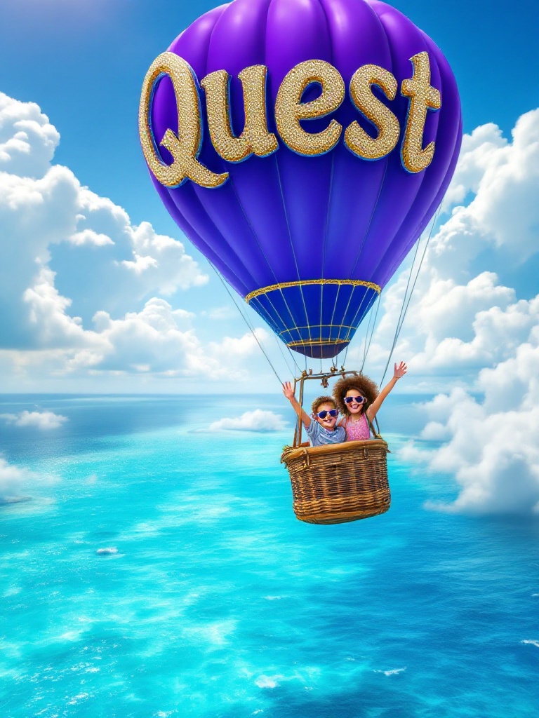 A purple hot air balloon floats above turquoise waters. The balloon has the word 'Quest' in gold letters. Two children are in the basket waving. They wear sunglasses and show happiness. The sky is blue with soft clouds. The scene looks bright and cheerful.