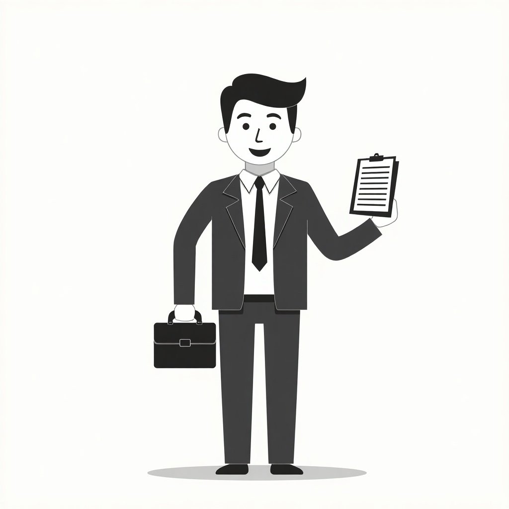 Stick figure representation of a salesperson. Character holding a clipboard and briefcase. Professional attire. Simple and minimalistic design.