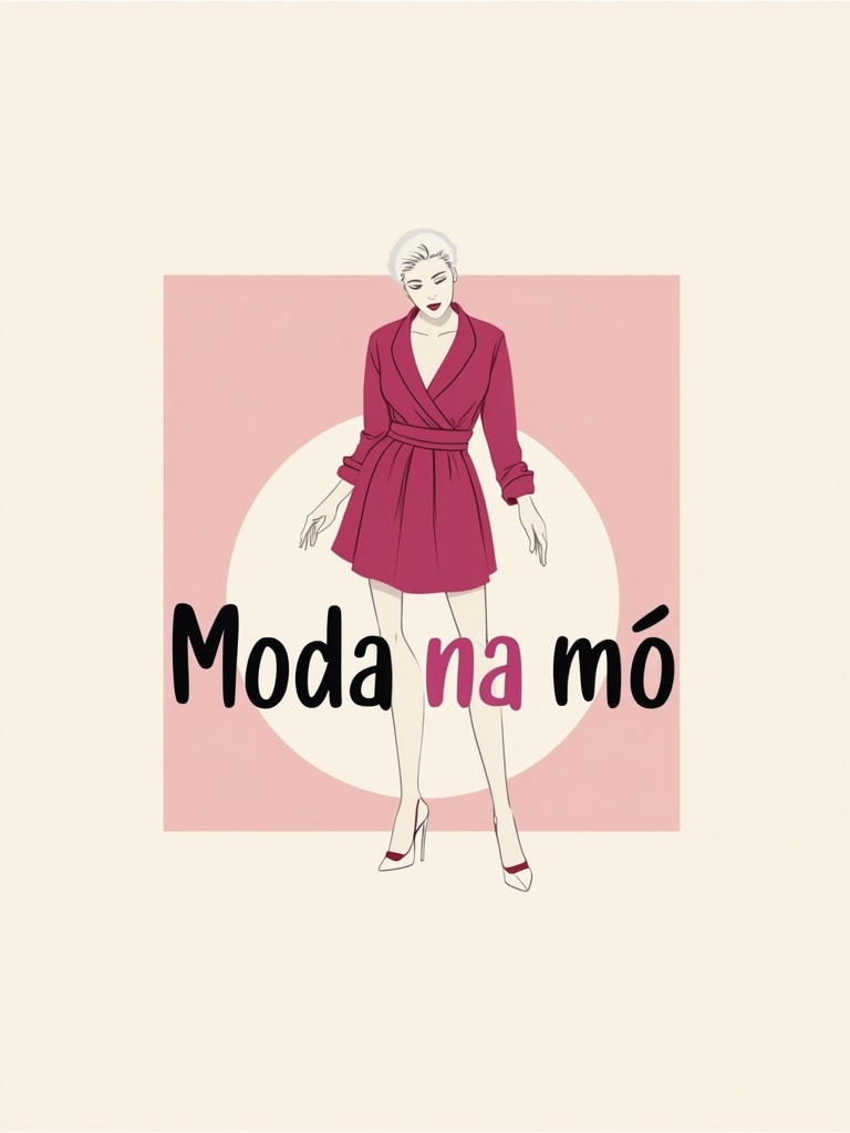 Logo design for an online women's clothing store named 'Moda Na Mão'. The logo features a stylized figure wearing a pink dress. The figure is outlined against a soft beige background. The brand name is prominently displayed in a stylized font. The design conveys elegance and modernity.