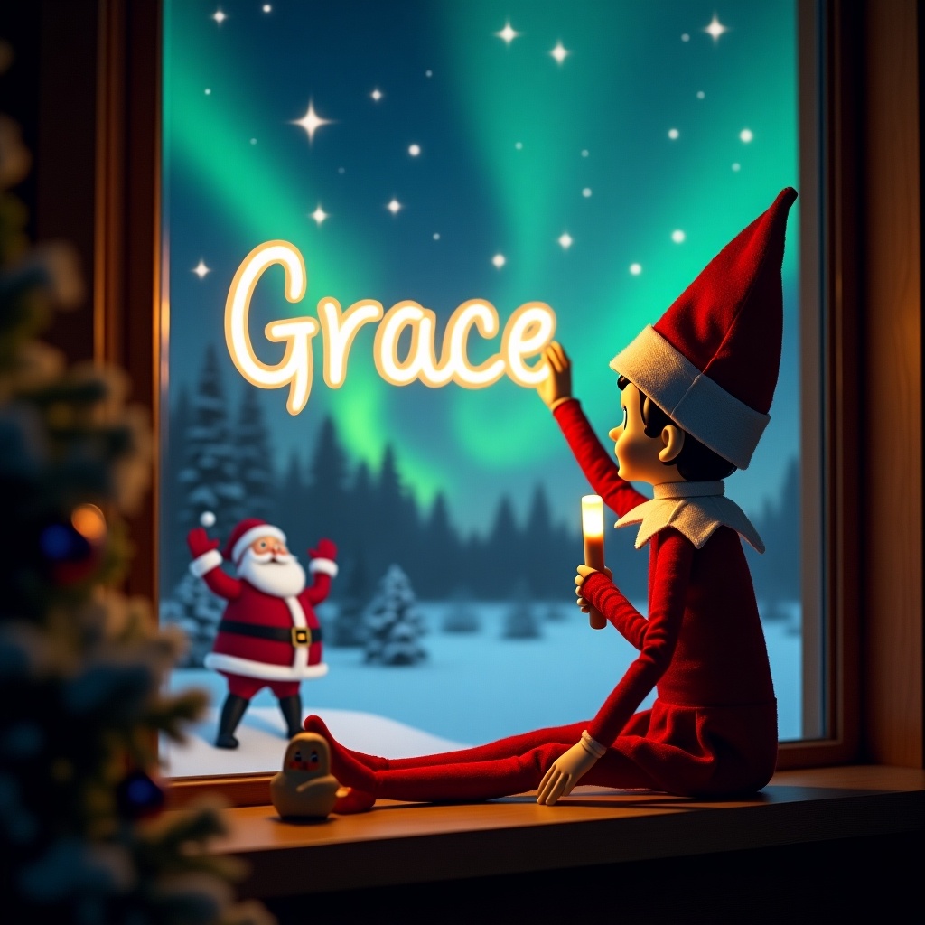 This image features an elf on the shelf character, dressed in traditional red and white attire. The elf is holding a glow stick that forms the name 'Grace' in bright, soft light. The background is dark, which enhances the glowing effect of the text. It creates a warm, festive atmosphere, embodying the joy of the holiday season. The scene evokes feelings of magic and cheer associated with Christmas celebrations. Outside the window, a snowy landscape can be seen with a jolly Santa waving, surrounded by twinkling stars and snowflakes.