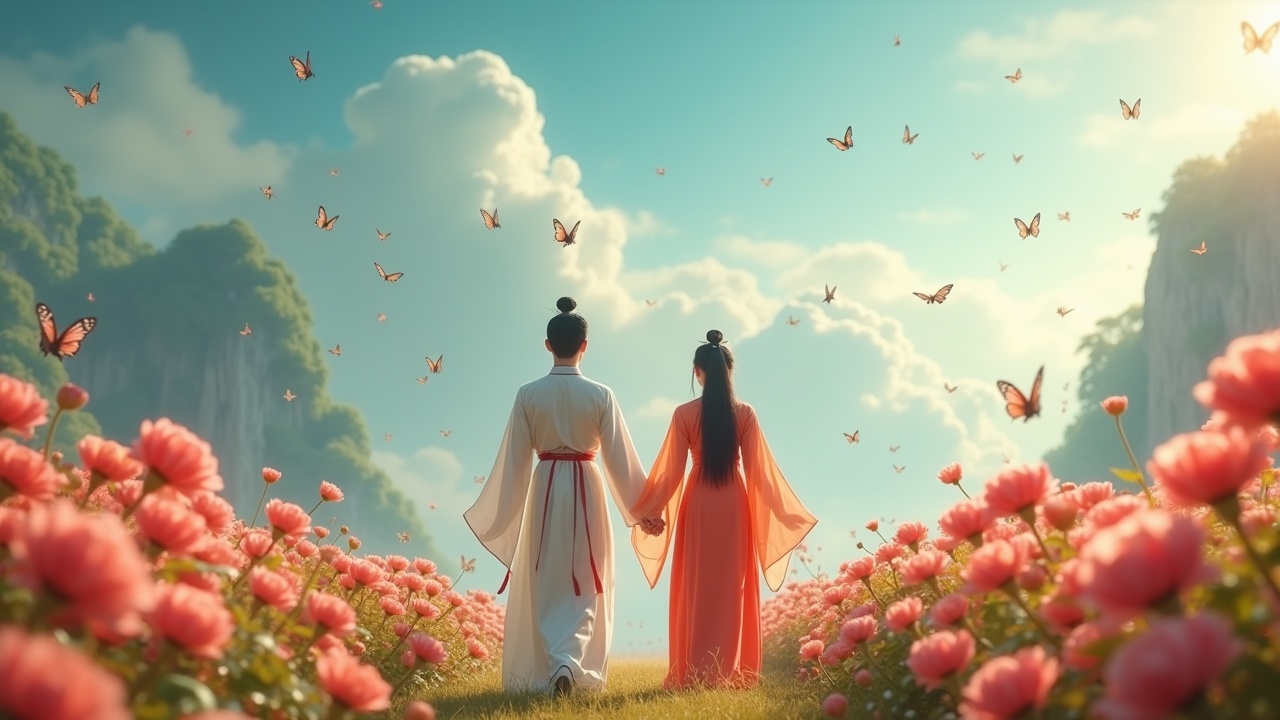 The image depicts a serene scene of a couple standing hand in hand. They are dressed in traditional attire, surrounded by a vibrant flower field. Various butterflies flit around, adding to the ethereal quality. Soft clouds can be seen in the background, merging beautifully with the blue sky. The lighting is warm and inviting, creating a peaceful atmosphere. This setting evokes feelings of tranquility and romance.