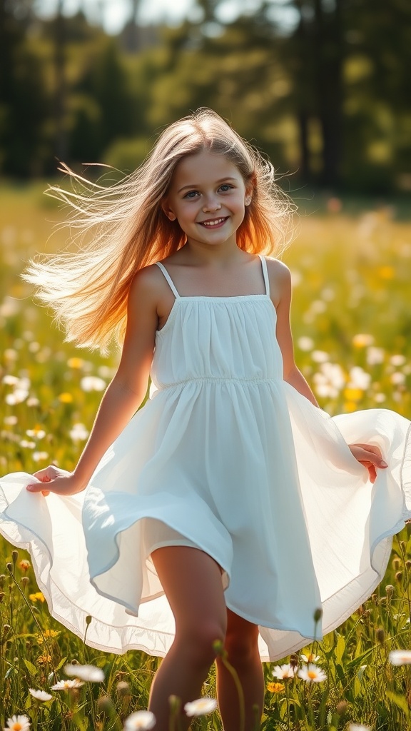 A young girl in a white dress smiling and twirling in a sunlit field of daisies.