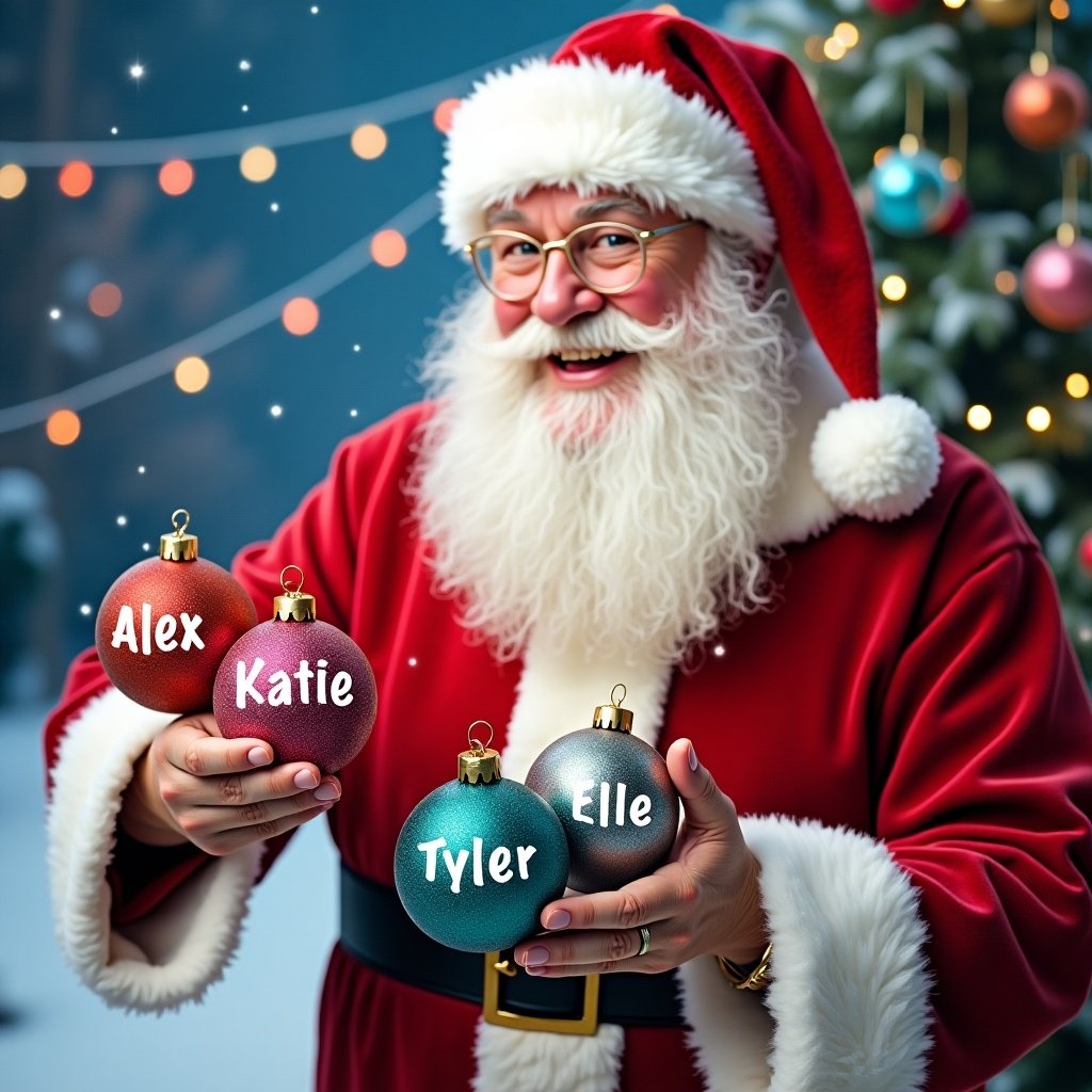 Santa Claus holds colorful baubles with names written on them. Background shows snowy scenery with twinkling Christmas lights. The scene is colorful and bright, enhancing the holiday spirit. Santa has a joyful expression and wears a red suit.