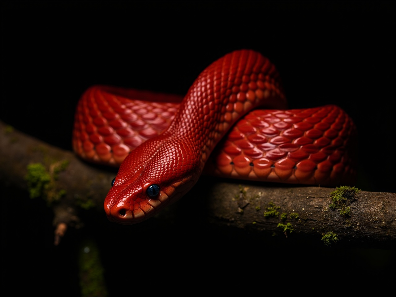 The image features a striking red snake coiled on a branch. Its scales are vividly textured, showcasing a rich, glossy hue that stands out against a dark background. The snake's head is raised, displaying its distinctive eye and intricate patterns on its skin. It is resting on a moss-covered branch, emphasizing its natural habitat. The lighting highlights the contours of its body, creating a dramatic effect that draws attention to the snake's unique coloration and features.