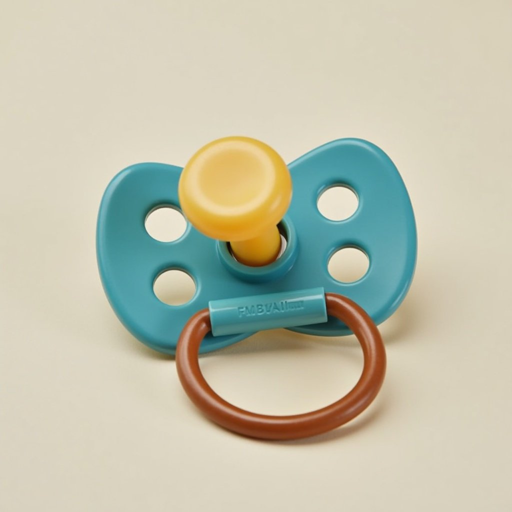 A pacifier with a turquoise color and yellow nipple. It has cutouts and a brown ring handle. The background is a soft, light color. Designed for infants and toddlers.