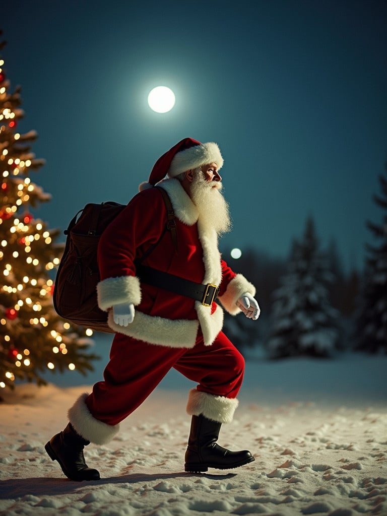 Cinematic image of Santa Claus walking through snow filled landscape. Full moon illuminates the scene. A Christmas tree decorated with lights is in the background. Scene encapsulates holiday spirit and joy.