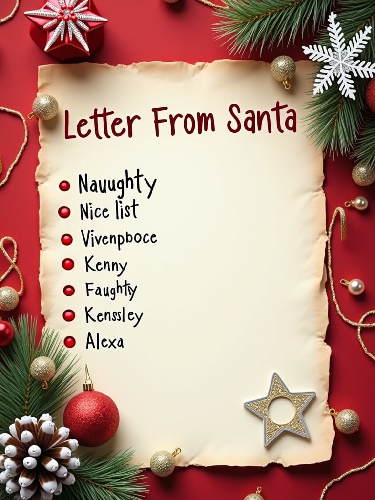 A letter from Santa with naughty and nice lists included. The nice list has names and includes Kenny. The naughty list includes Kensley. Decorated with festive Christmas elements like ornaments, a star, and pine branches. The background is vibrant red with a rustic parchment style.