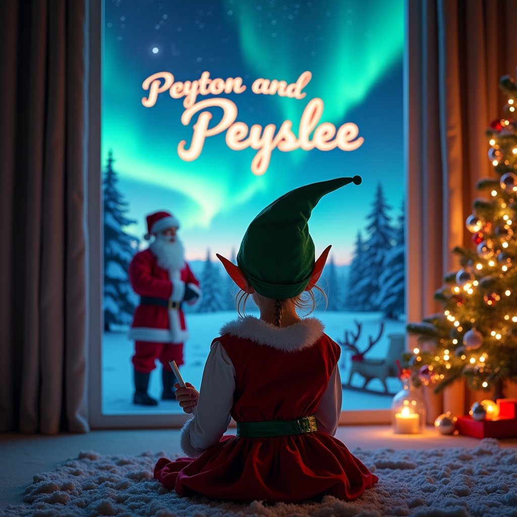 Young girl dressed as an elf sits with back to viewer. Faces magical night sky. Uses wand to write name in glowing letters. Background shows snowy landscape and vibrant Northern Lights. Santa Claus stands nearby. Cozy interior of a room enhances holiday spirit. Sparkling decorations and Christmas tree are visible.