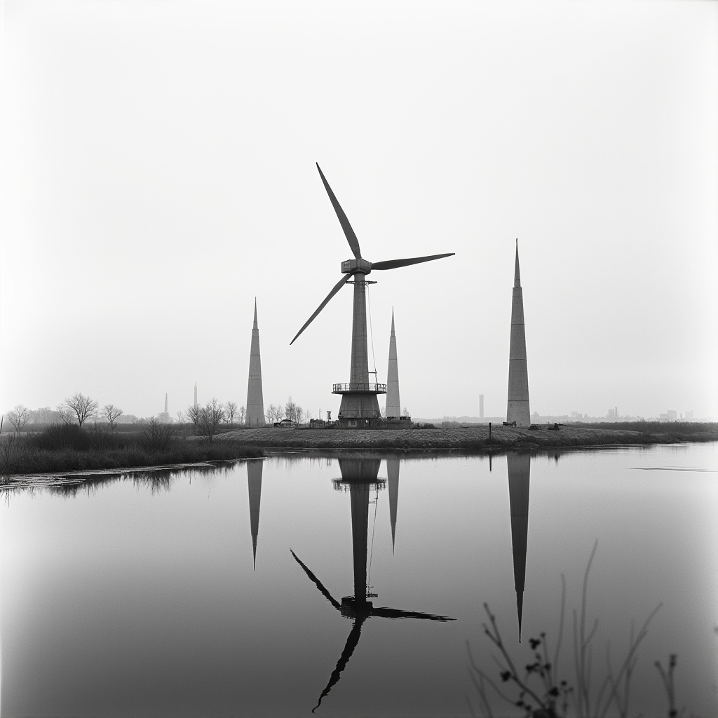 A black and white photograph captures a large wind turbine against a backdrop of three tall, slender spires and their reflections in a calm body of water.