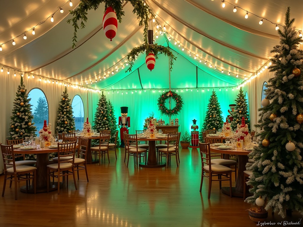 The image depicts a beautifully decorated holiday event space. It features numerous Christmas trees adorned with ornaments. Soft green lighting enhances the festive atmosphere. Tables are elegantly set for dining, accompanied by seasonal decorations. A welcoming ambiance is created by the warm lights and festive elements.