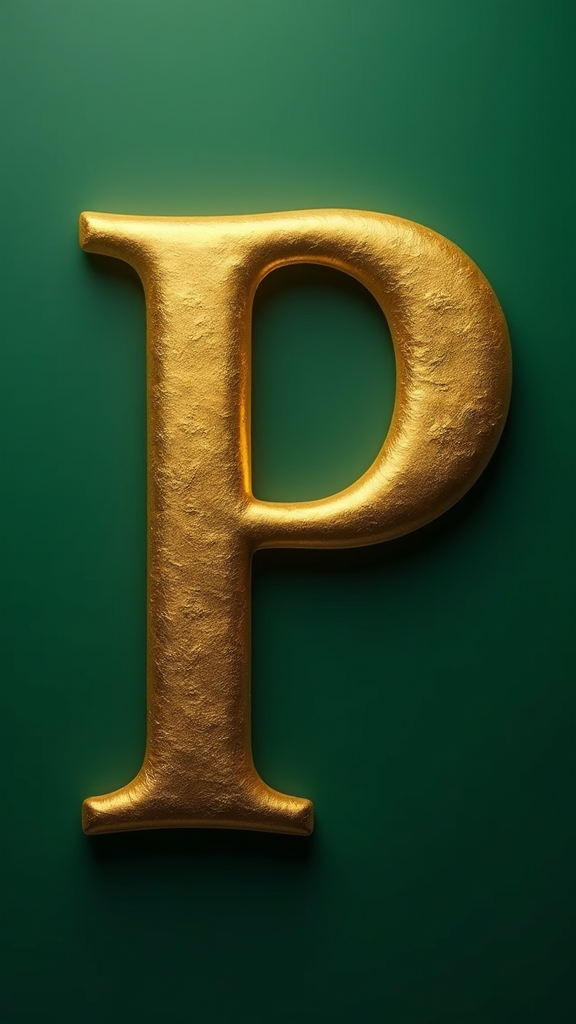 A large golden letter 'P' stands out against a dark green background.