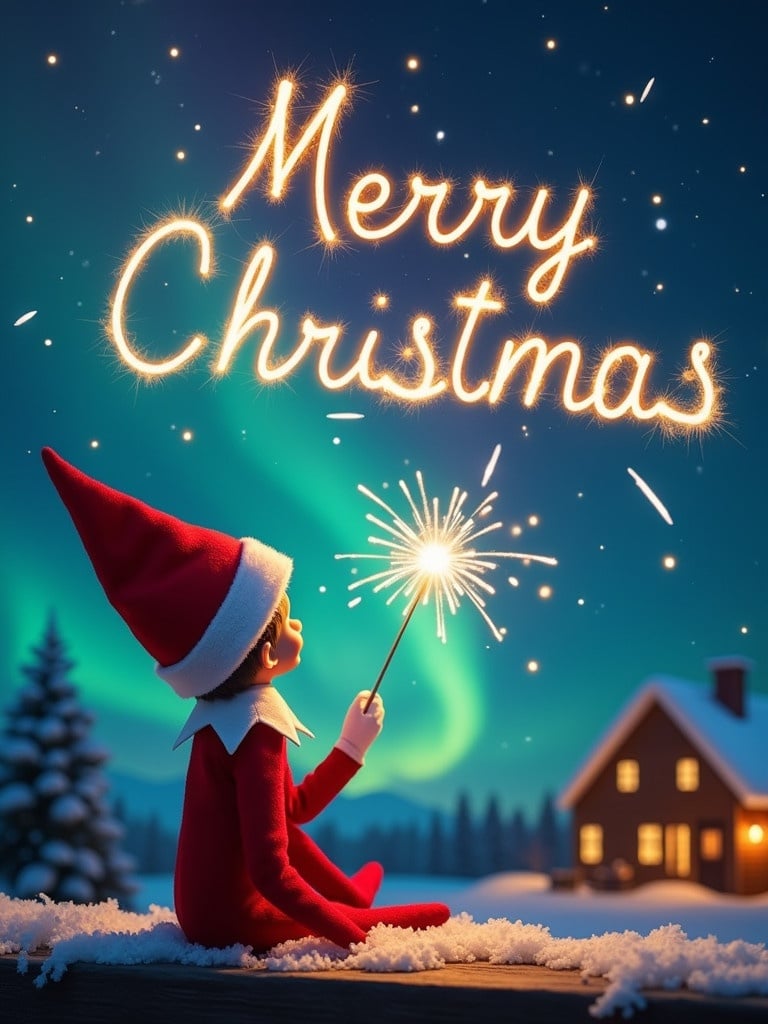 Enchanting Christmas scene. Elf on the shelf is facing sky. Elf dressed in red and white. Elf wields wand writing 'Merry Christmas' in sparkler script. Background has vibrant northern lights. Scene is festive and magical. Elf's position creates wonder and excitement for holiday season.