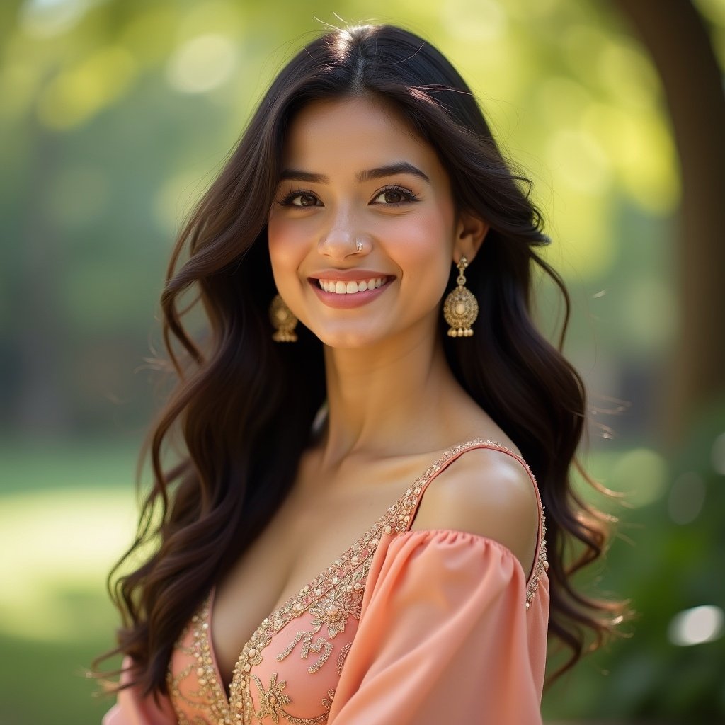 Image of a young woman with long dark hair in a peach embellished dress. She smiles warmly against a blurred natural background. Light softly illuminates her serene face.