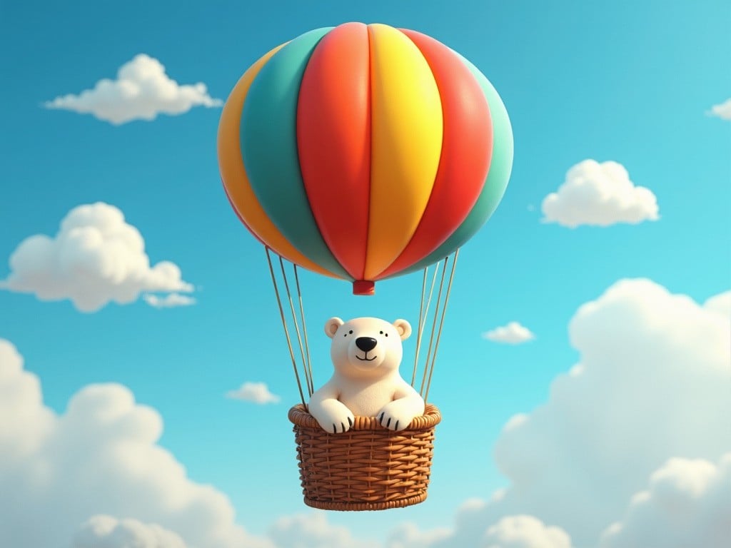 A charming scene featuring a polar bear relaxing in a hot air balloon. The balloon has bright, colorful stripes, showcasing a playful vibe. The background is a vibrant blue sky, dotted with fluffy white clouds. The polar bear appears joyful, enjoying the ride above the world. This image captures a sense of whimsy and adventure, appealing to children and adults alike.