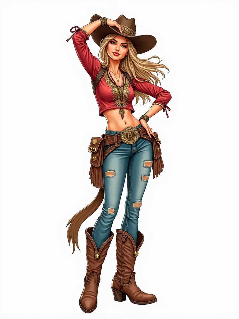 Clipart features a rodeo cowgirl in a boho graphic style. The cowgirl wears a red top with embellishments. She has denim jeans that are ripped at the knees. Large brown cowboy boots complete the western look. Accessories include a large belt with a decorative buckle. The figure stands against a white background, emphasizing the colorful illustration.