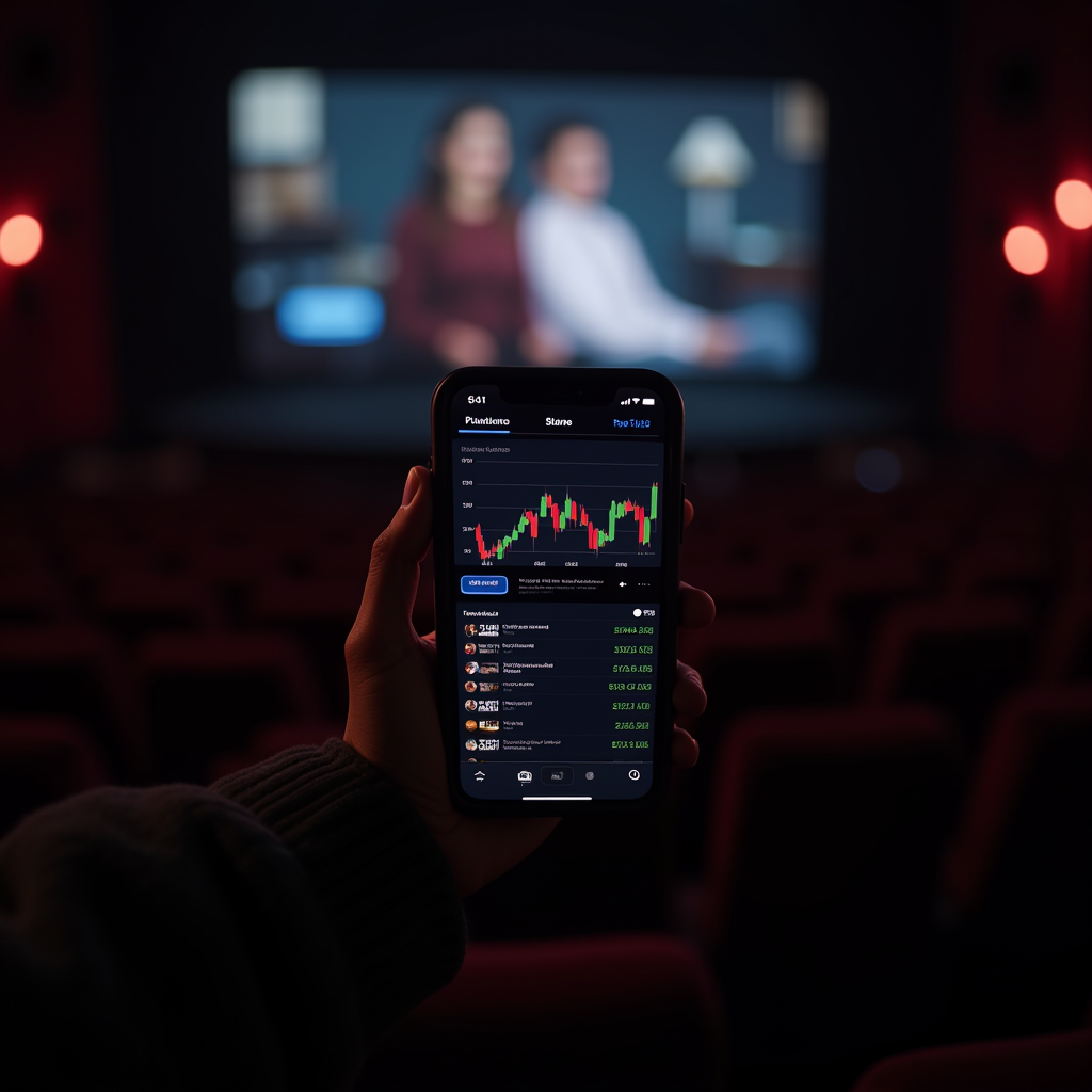 A person in a theater holds a phone showing stock market data as a film plays in the background.