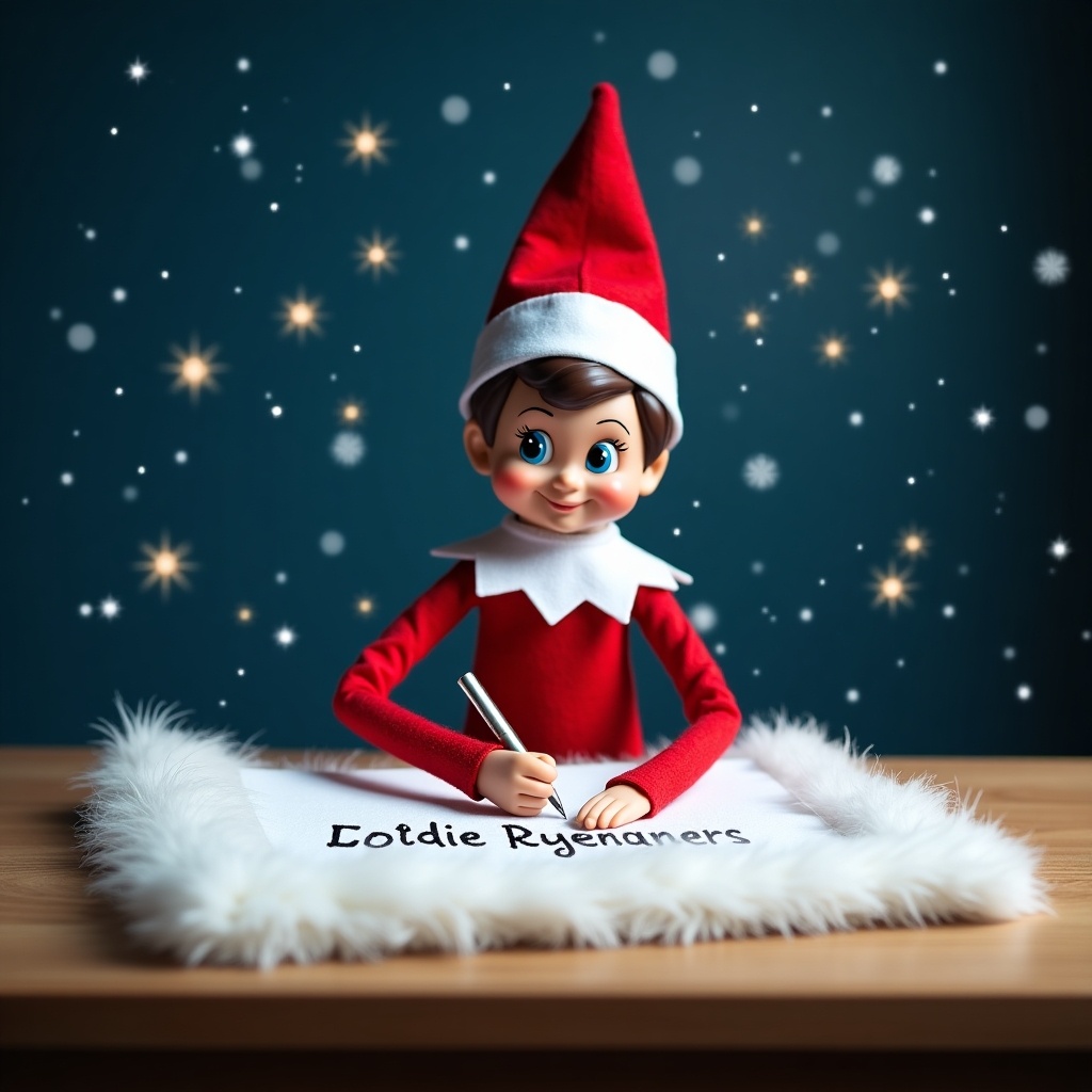 A charming Elf on the Shelf is sitting at a wooden table, writing names on a fluffy white cloth. The elf is dressed in a classic red outfit with a white collar and a pointy red hat, exuding a cheerful demeanor. Soft snowflakes are falling around, creating a whimsical winter atmosphere. The background is a deep blue, enhancing the festive mood. Sparks of fairy lights and stars can be seen in the air, adding a touch of magic to the scene.