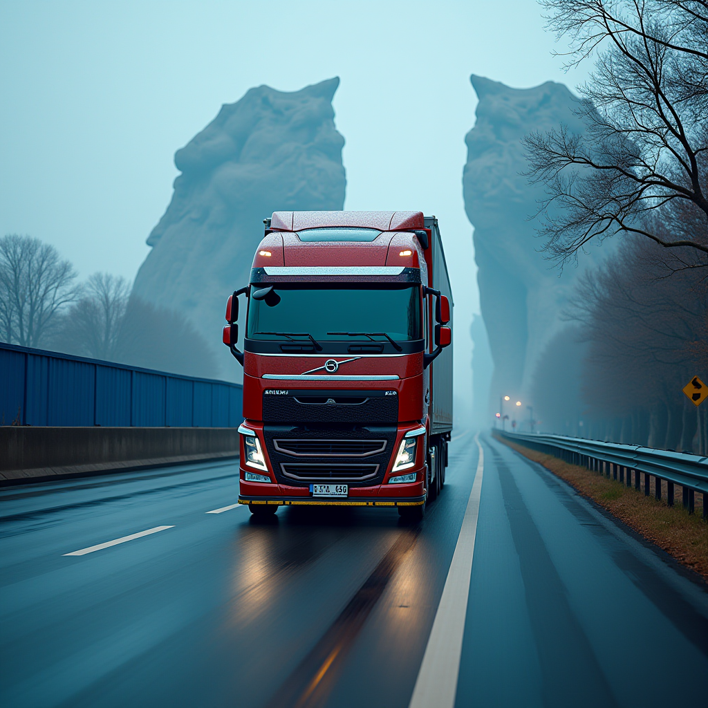 A red truck drives down a foggy road flanked by towering rock formations resembling figures.