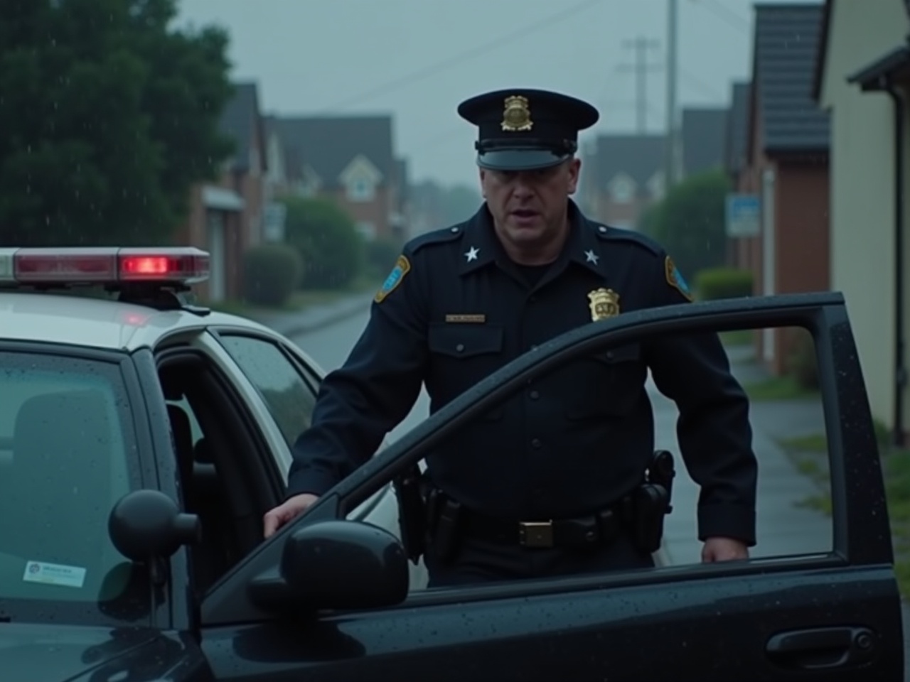 A police officer in his 40s is captured in a moment of emergency. He is wearing a traditional police uniform and stepping out of a patrol car. Behind him, the sky is overcast, and rain is falling, creating a somber ambiance. The scene suggests urgency and alertness. The vehicle has its lights flashing, adding to the dramatic effect of the situation.