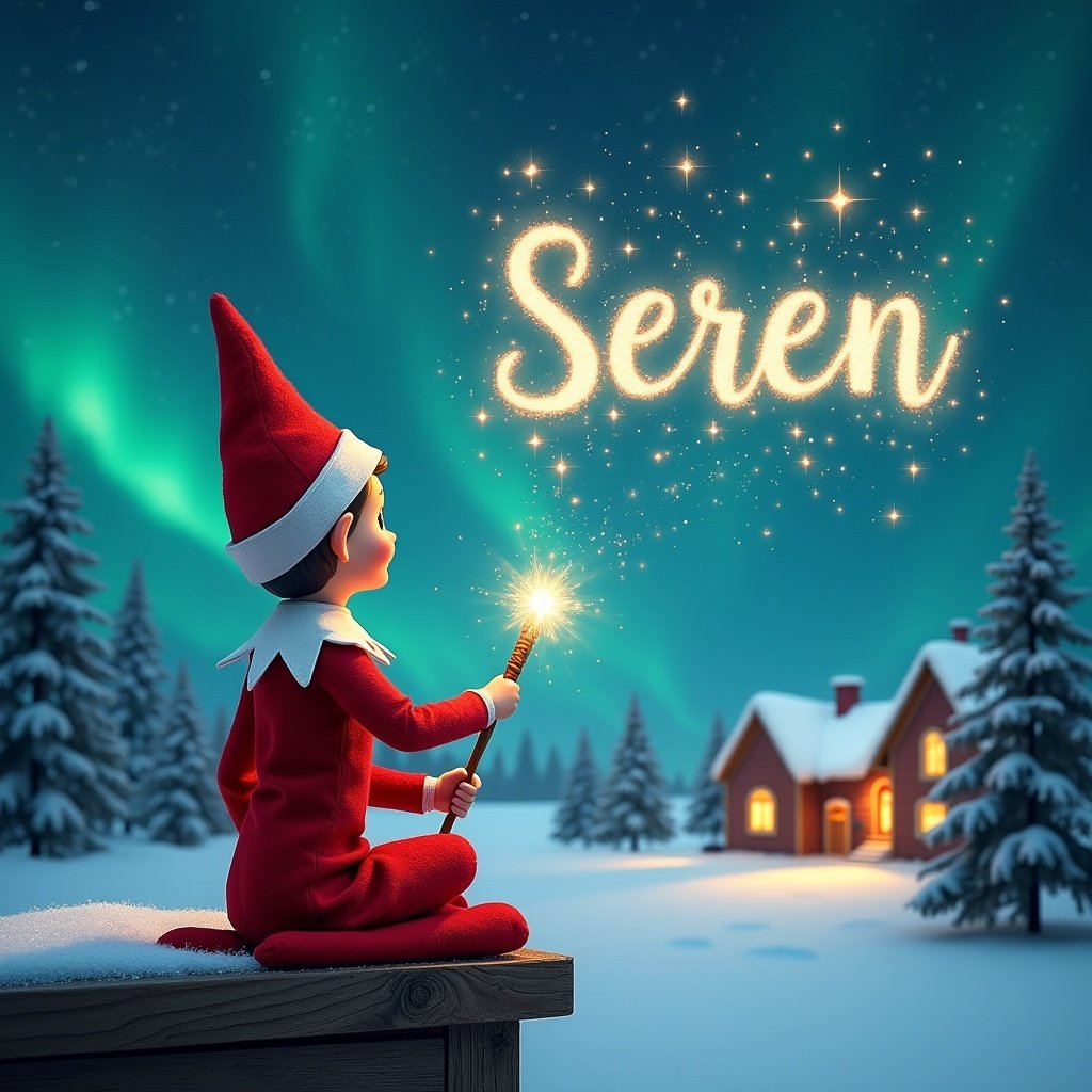 An elf sits on a wooden ledge with its back to the camera, gazing at a magical sky. The elf, dressed in a red outfit with a pointed hat, holds a sparkling wand. With the wand, the elf elegantly writes the name 'Seren' in the starry sky. The background features a snowy landscape with charming little houses and evergreen trees, all under the shimmering Northern Lights. This whimsical scene captures the essence of childhood magic and Christmas cheer.